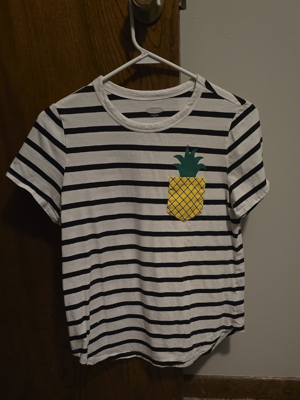 Old Navy White & Black Striped Tee with Pineapple Pocket